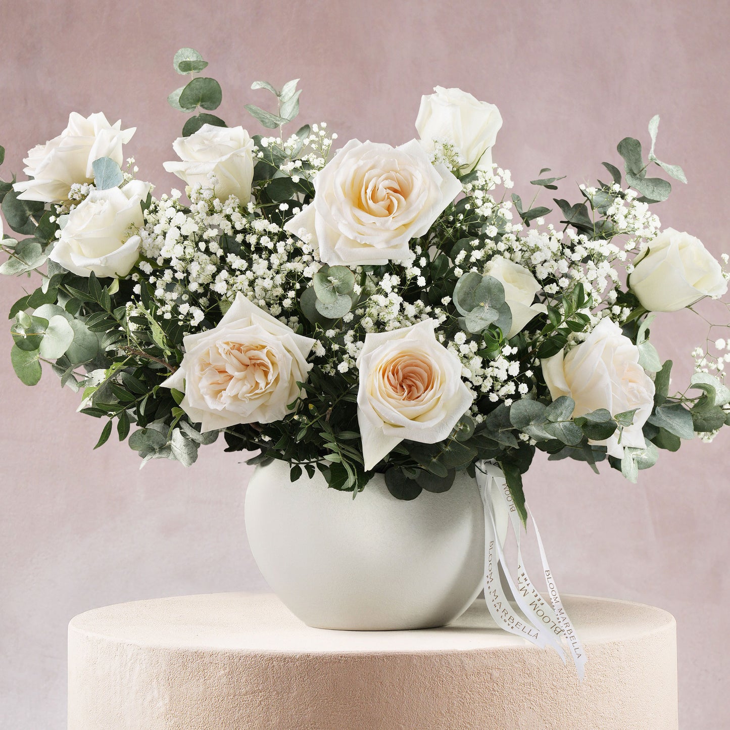 modern luxury white flower vase - Bloom Marbella, Costa Del Sol, Spain with white roses and greenery arrangement