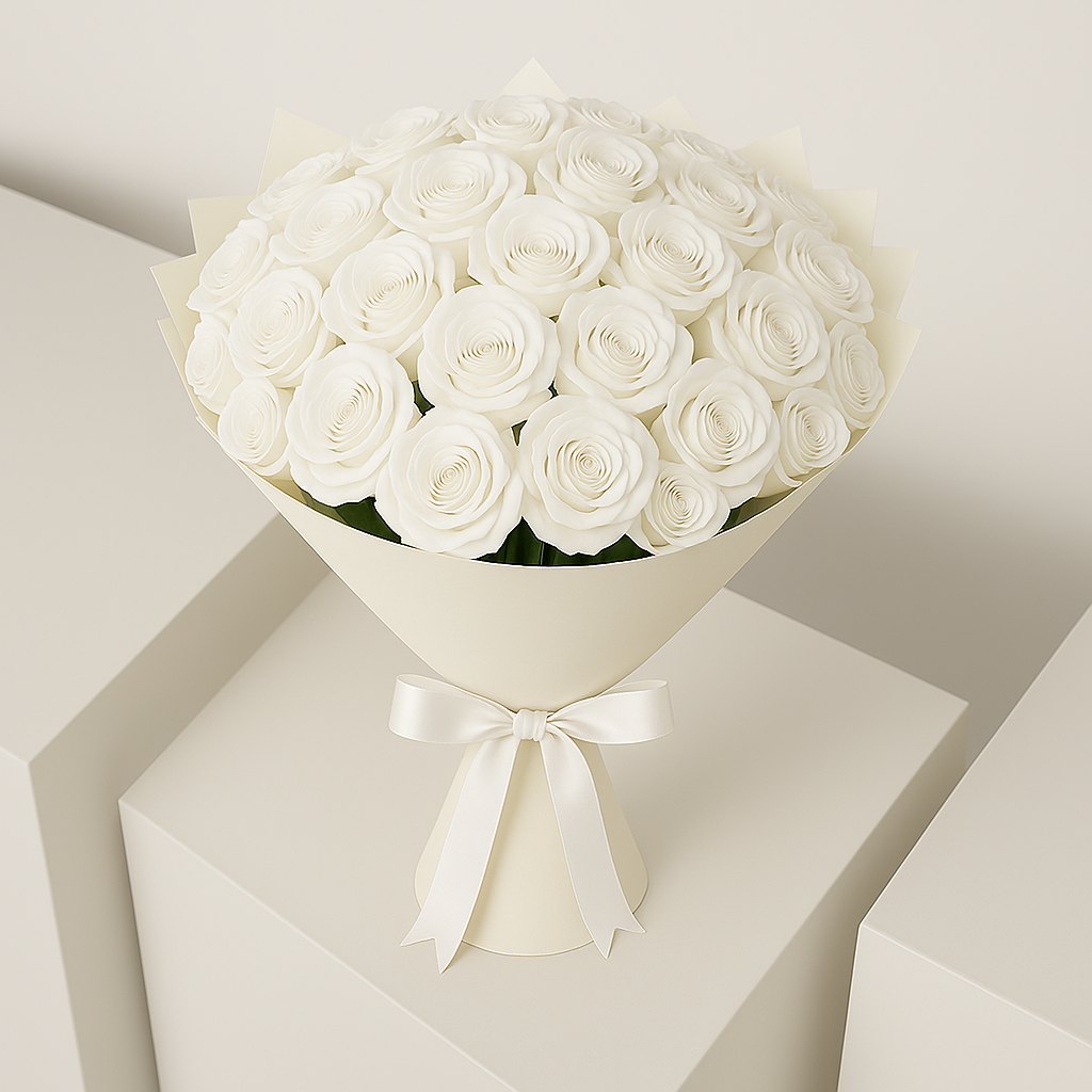 Bloom Marbella 50 white roses bouquet wrapped in cream paper with matching ribbon bow