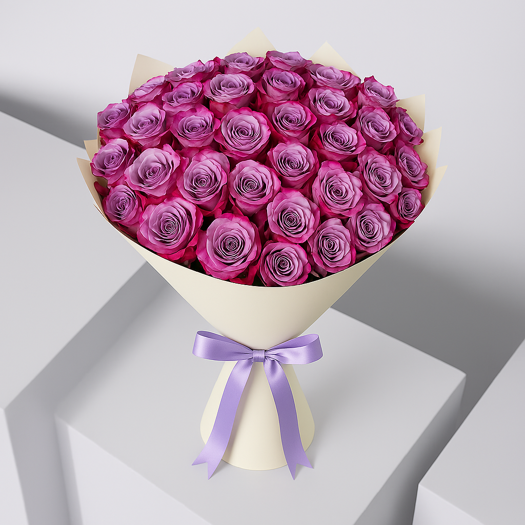 Purple rose bouquet Marbella by Bloom Marbella wrapped in cream paper with purple ribbon