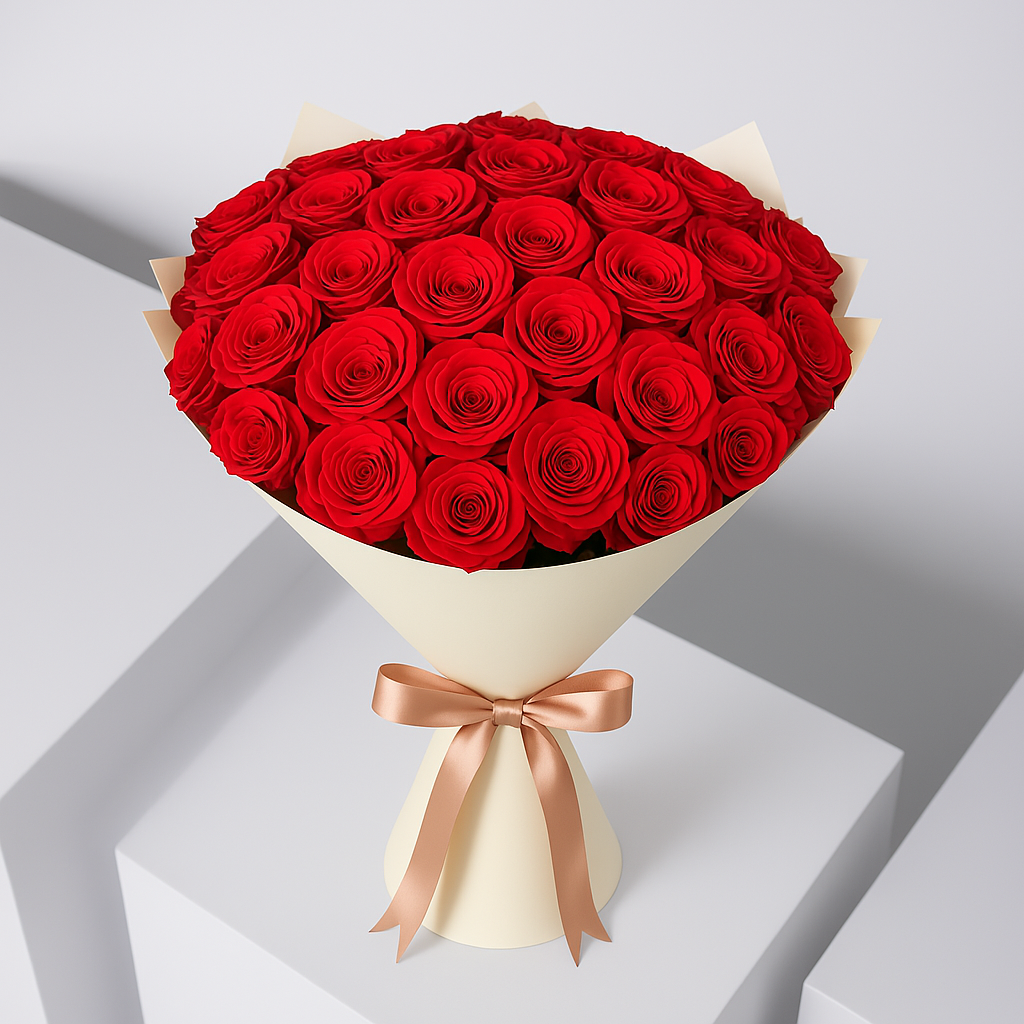 Elegant red rose bouquet Marbella wrapped in cream paper with satin ribbon by Bloom Marbella