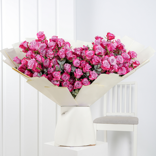 Large bouquet of 100 purple roses Marbella wrapped in white paper with a chair in the background