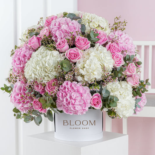 Luxury flower delivery Marbella pink and white hydrangea and rose bouquet in Bloom Marbella box