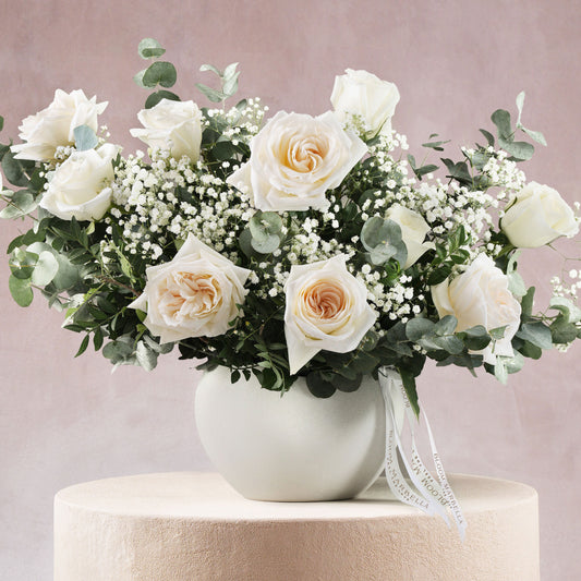 modern luxury white flower vase - Bloom Marbella, Costa Del Sol, Spain with white roses and greenery arrangement