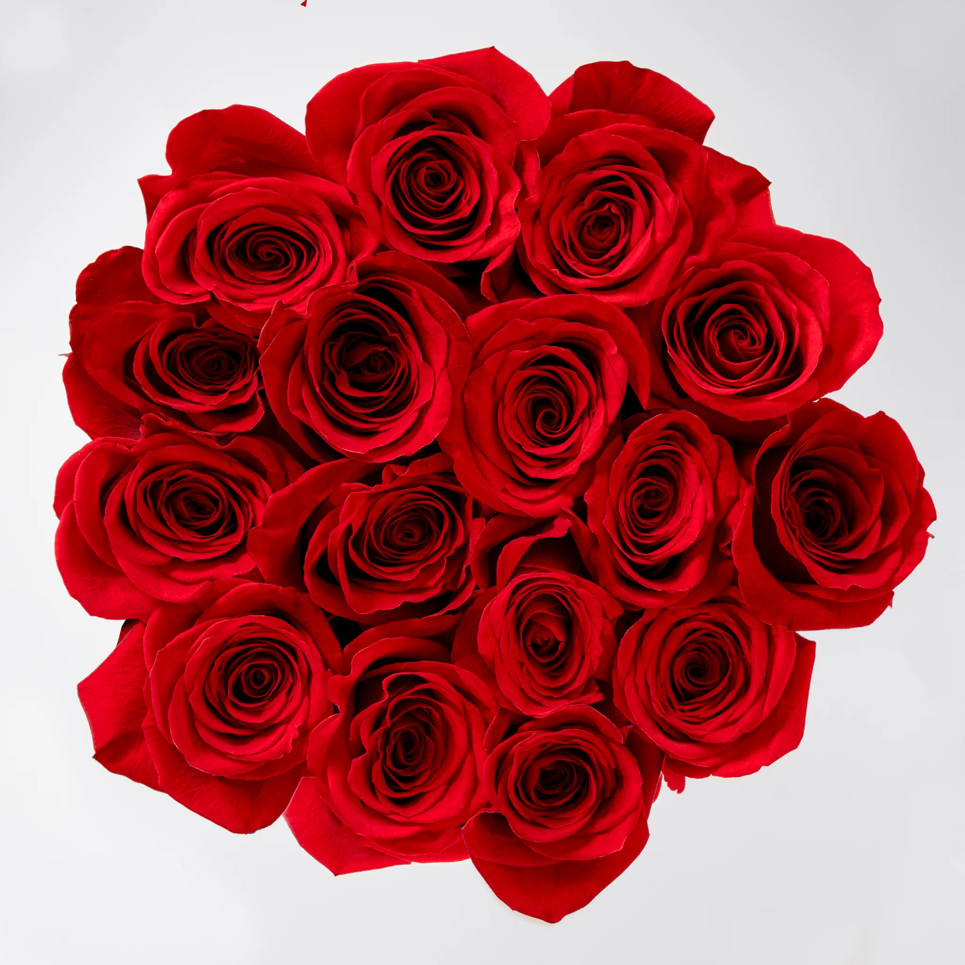 Top view of red roses hatbox Marbella with vibrant red roses arranged in a circular pattern