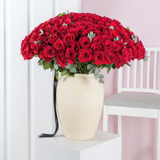 200 red roses bouquet delivery in large cream vase with green leaves by Bloom Marbella